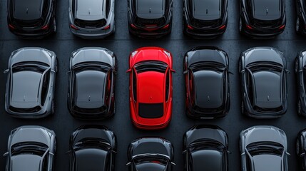 A single red car stands out in a row of black and silver cars in a parking lot.