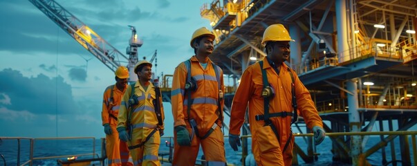 Engineers in protective gear standing on an offshore oil platform with lighting in the background.
