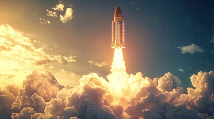 A rocket ship blasts off into space, leaving a trail of smoke and fire behind it as it ascends through the clouds.