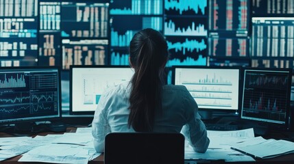 A woman analyzing data on multiple computer monitors in a control room filled with graphical representations of statistics and reports.