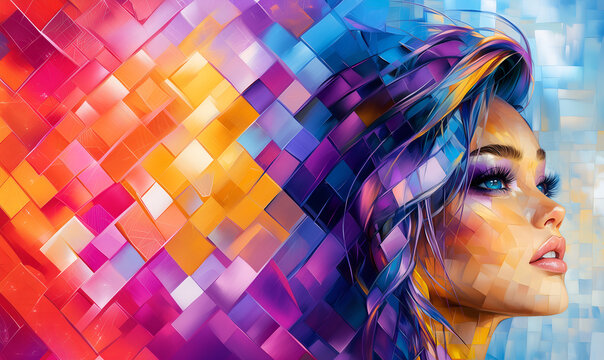 blue-eyes woman art; concept of digital transformation, complentisity, femininity, psychology, science fiction