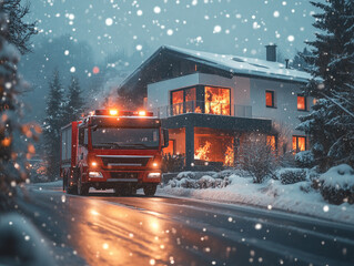 A fire truck approaches a residential home engulfed in flames, with snow falling all around, during a cold winter evening in a quiet neighborhood