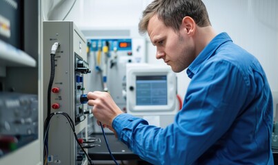 Obraz premium A focused male technician working diligently on repairing complex electronic machinery in a lab.