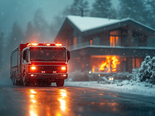 A fire truck is parked on a snowy road as flames erupt from a house, illuminated by the truck's flashing lights during a cold winter evening
