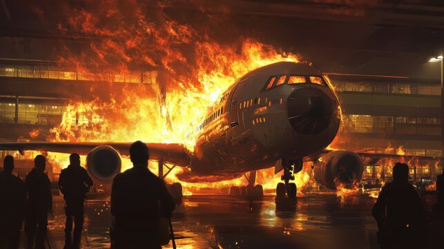 A burning airplane on a runway, with people watching from a distance.