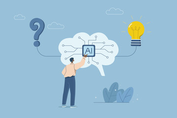 Using AI to solve problems and generate creative solutions, Working with robots, Businessman working with AI to find a solution to problem leading to the creation of a light bulb idea. Vector design.