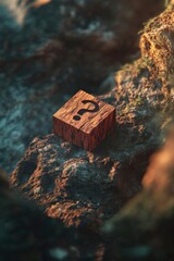 Exploring the Depths of Curiosity: A Wooden Block with a Question Mark Amidst Nature's Textural Beauty