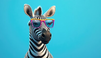 Cartoon zebra wearing colorful glasses against a blue background.