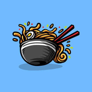 recommend clip art: Colorful ramen bowl noodle line art sketch classic vintage design illustration