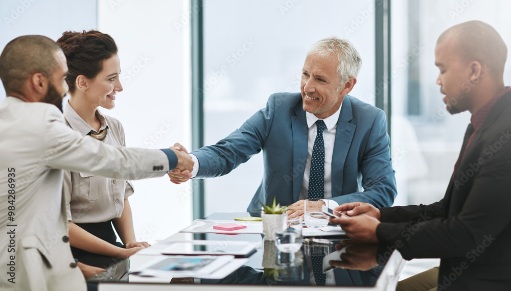 Poster CEO, business people and handshake for partnership offer, crm or corporate deal. Smile, shaking hands or team in collaboration in meeting for b2b contract, investor acquisition or company integration