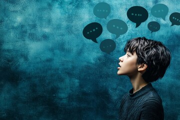 A person with speech bubbles around their head, some filled with uplifting, positive words and others with dark, negative words, showing positive vs negative thoughts