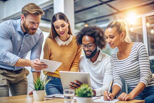 a diverse group of young professionals work together on a project at a desk in an office setting they are interacting and collaborating to achieve their goals
