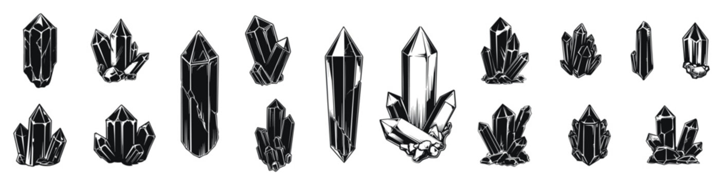 Black crystal formations vector illustration. Various shapes and clusters of black gemstones in a detailed style.