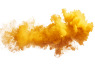 A vibrant burst of golden smoke swirls and floats against a clean backdrop, creating a captivating visual display full of energy and movement