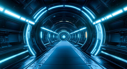 A dark tunnel illuminated by laser beams, with metal panels and futuristic neon blue lighting, a cyber hangar with glowing blue pipes. 