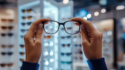 Person inspecting black glasses at optician's store display.