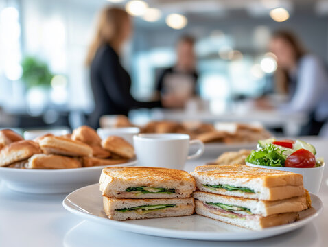 A plate of toasted sandwiches filled with vegetables sits foreground as guests enjoy pastries and coffee in a contemporary cafe setting during a meeting