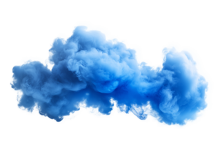 A dense, vibrant blue cloud of smoke flows smoothly, producing a striking contrast with the clean background, evoking a sense of movement and depth in the atmosphere