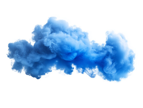 A dense, vibrant blue cloud of smoke flows smoothly, producing a striking contrast with the clean background, evoking a sense of movement and depth in the atmosphere