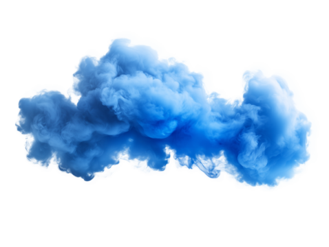 A dense, vibrant blue cloud of smoke flows smoothly, producing a striking contrast with the clean background, evoking a sense of movement and depth in the atmosphere