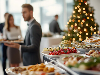 A sophisticated catering display is filled with a variety of delicious dishes, while elegantly dressed guests mingle in a beautifully decorated holiday setting