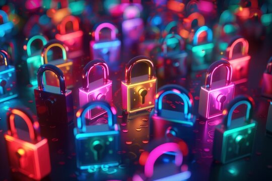 Colorful illuminated locks in a vibrant neon background with a futuristic concept