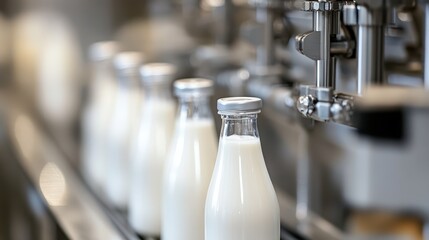 Precision in Action - Close-up of Stainless Steel Equipment Filling Plastic Milk Bottles with Fresh Milk, Showcasing Automated Filling System and Accuracy in Measurements