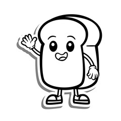 Black line Retro Cartoon Waving Bread on white silhouette and gray shadow. Doodle Style Vector illustration for decorate, coloring and any design.