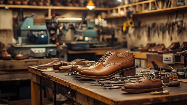 A close-up of a workbench in a shoe repair shop, with a pair of brown leather shoes in the foreground.