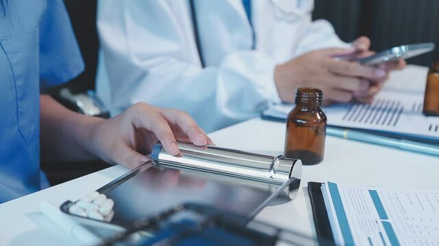 Healthcare, pharmacist or hands for counting tablets, pills and supplements on stainless tray. Person, employee and medicine in pharmacy for sorting, preparation and quantity check of prescription