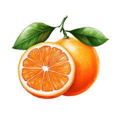 Sweet ripe orange fruit with green leaves, isolated on white background