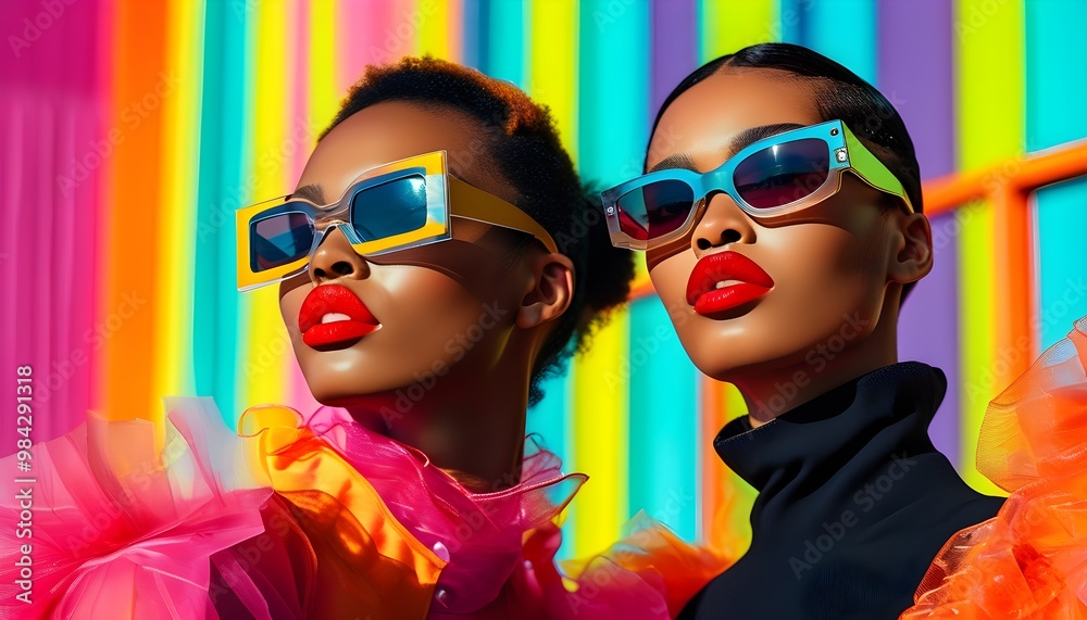 Canvas Prints futuristic fashion statement with bold makeup and oversized sunglasses against a vibrant multi-color