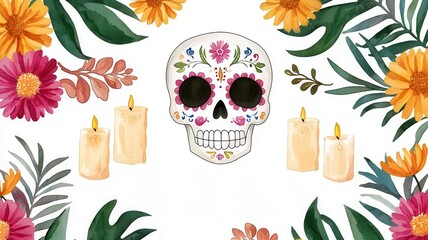 Watercolor of a sugar skull surrounded by papel picado banners, candles, and marigolds, perfect for a Day of the Dead festival banner