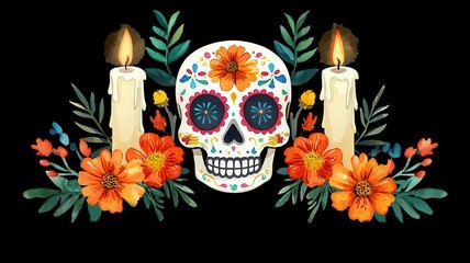 Watercolor of a sugar skull surrounded by flickering candles and delicate marigold petals, set against a twilight sky
