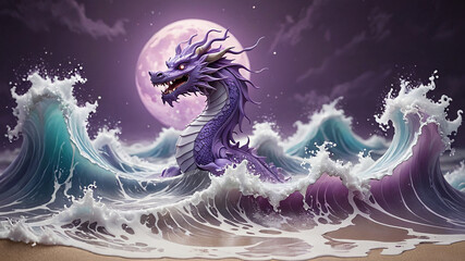 Pink cartoon dragon in the see