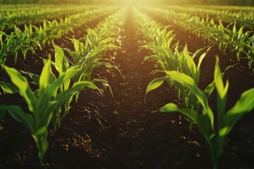 Vibrant young corn plants in fertile field under warm sunshine.