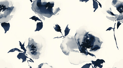 Seamless Ink Wash Rose Pattern with Flowing Brushstrokes in Dark Gray and Ivory White, Inspired by Traditional Chinese Painting Techniques, Elegant Design for Interior Wallpaper