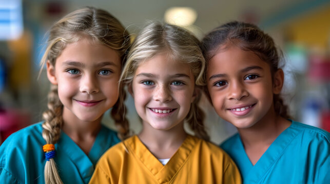 Group of girls in foreground with braids and happy expressions, representing diversity and friendship. Three smiling girls in medical uniforms in a medical environment educational - Powered by Adobe