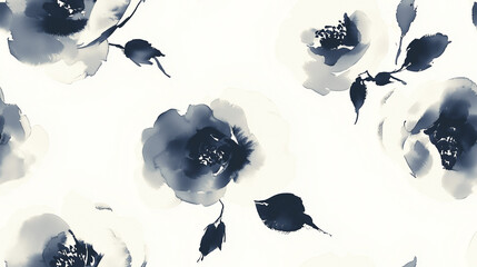 Seamless Ink Wash Rose Pattern with Flowing Brushstrokes in Dark Gray and Ivory White, Inspired by Traditional Chinese Painting Techniques, Elegant Design for Interior Wallpaper