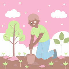 Male gardener plants a seedling in the ground stock illustration