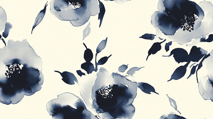 Seamless Ink Wash Rose Pattern with Flowing Brushstrokes in Dark Gray and Ivory White, Inspired by Traditional Chinese Painting Techniques, Elegant Design for Interior Wallpaper