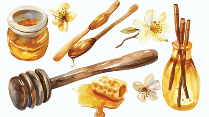 Delicious Honey Vanilla Set Watercolor on White Background