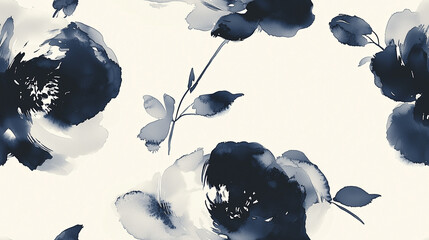 Seamless Ink Wash Rose Pattern with Flowing Brushstrokes in Dark Gray and Ivory White, Inspired by Traditional Chinese Painting Techniques, Elegant Design for Interior Wallpaper