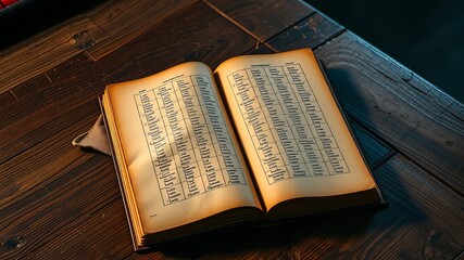 Fototapeta premium A close-up shot of a worn leather-bound book lying open on a scratched wooden desk, pages filled with