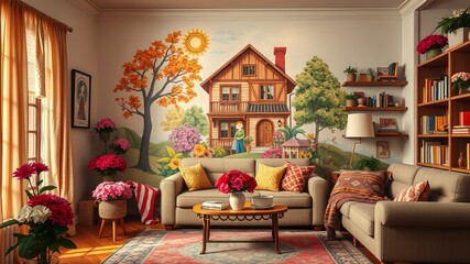 Obraz premium A cozy living room scene with a colorful mural of a grandparent's house on the wall, surrounded by