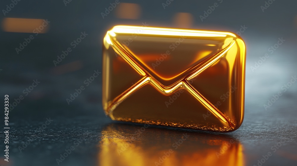 Wall mural gold email icon with notification, 3d rendering of a new email message notice gold icon. concept of 