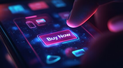 Obraz premium Finger touching 'Buy Now' on neon-lit mobile screen