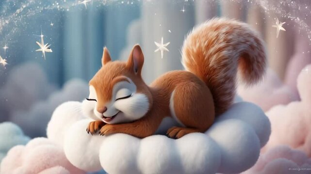 Little cute cartoon squirrel sleeping on a cloud decoration