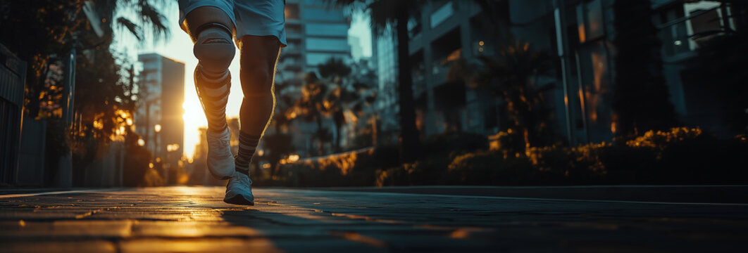 Closeup of runner with artificial limb running on city street at sunset. Sports and motivation concept for fitness posters and health campaigns. 