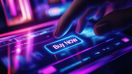 Finger pressing illuminated Buy NOW button on tablet